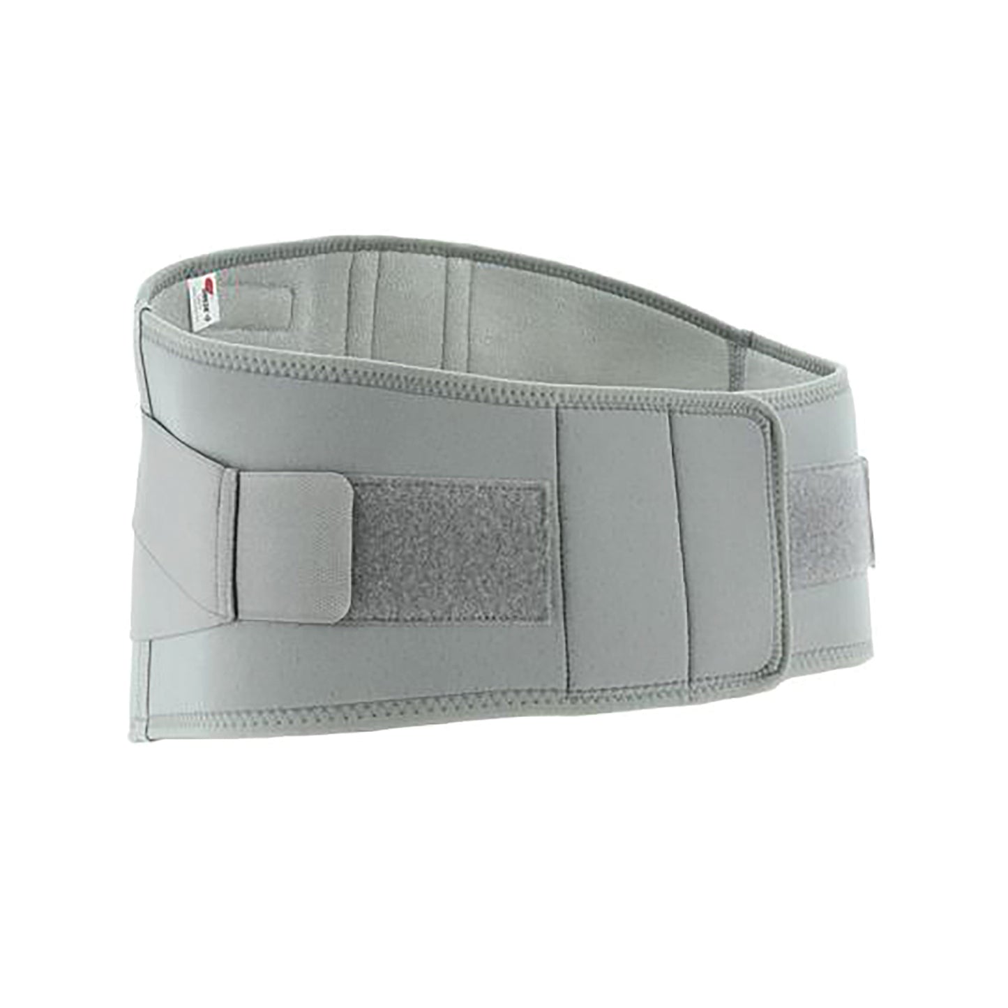 The Swede-O Thermal Lumbar Support is a gray back brace with an adjustable strap and a hook-and-loop fastening system.