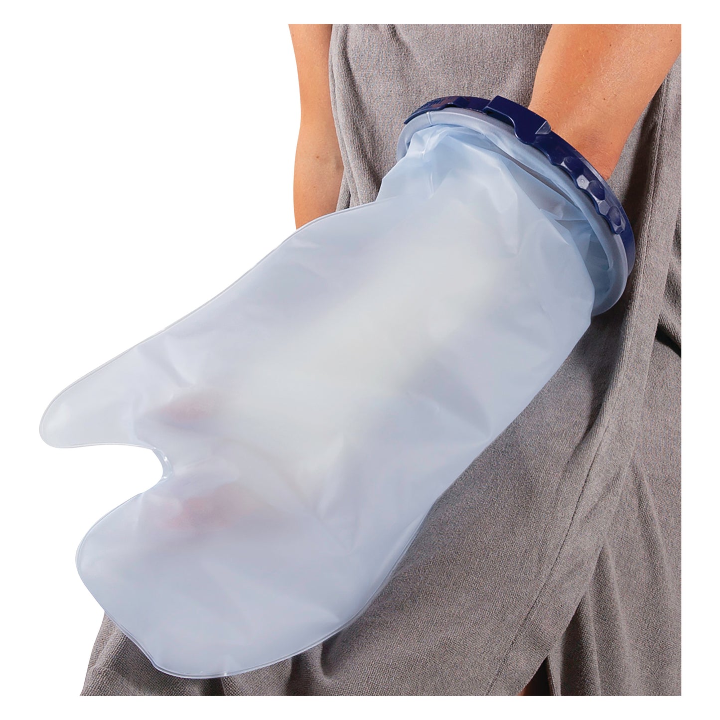 A person's arm is encased in a Brownmed SEAL-TIGHT Infinity Cast Protector, featuring a translucent covering and a blue seal.