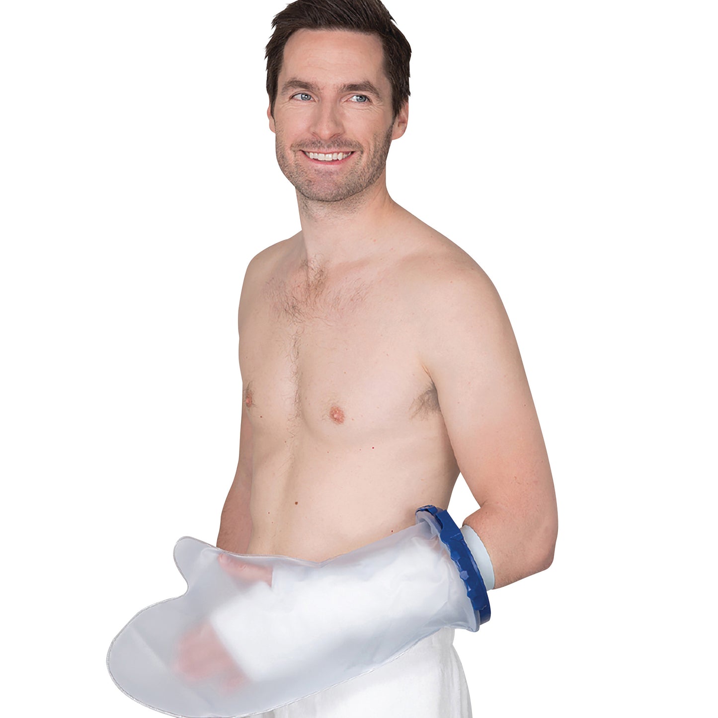 A shirtless man wears a Brownmed SEAL-TIGHT Infinity Cast Protector on his arm, showing its waterproof covering with a blue seal.