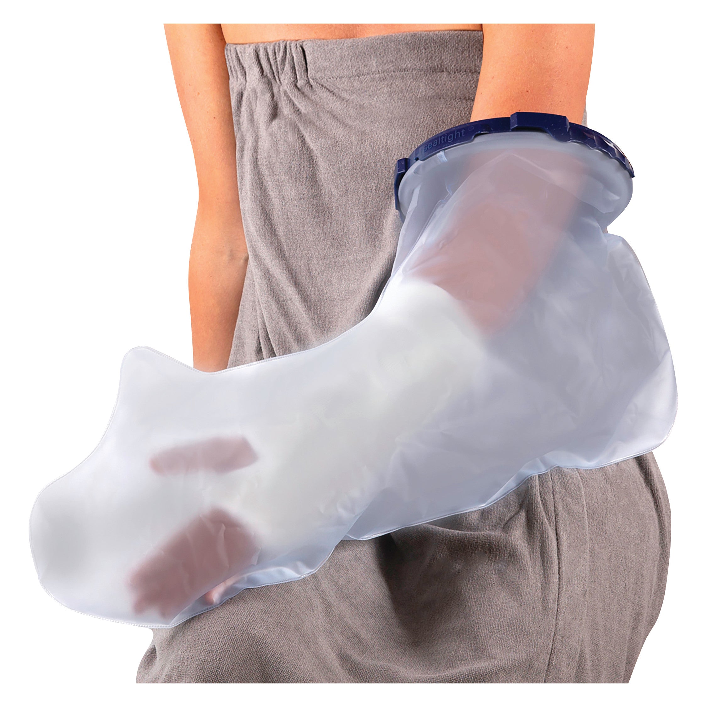 A person wears the Brownmed SEAL-TIGHT Infinity Cast Protector over an arm cast. The clear cover shields the cast from moisture.