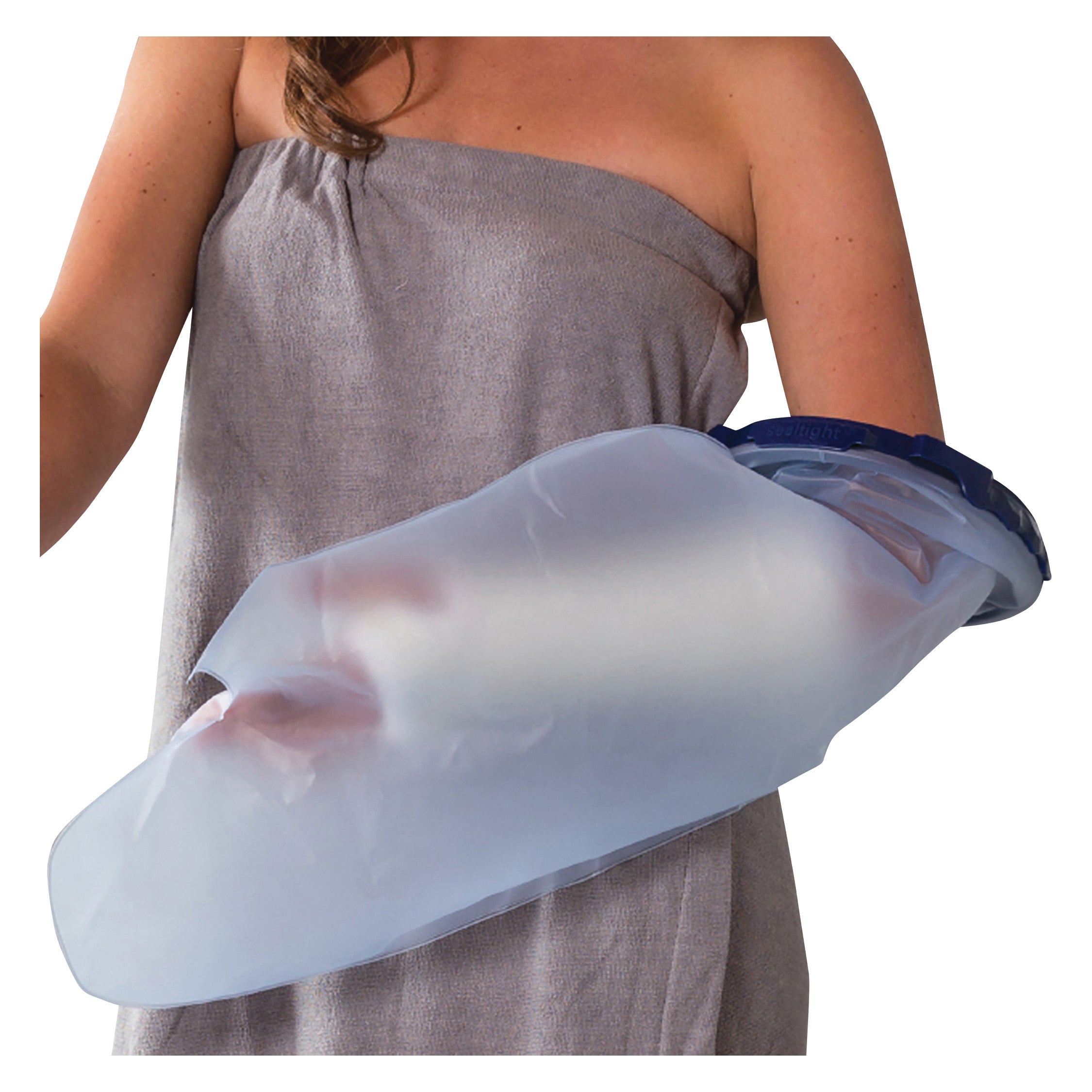 A person wears the Brownmed SEAL-TIGHT Infinity Cast Protector on their arm, which is wrapped in a cast, showing waterproof coverage.