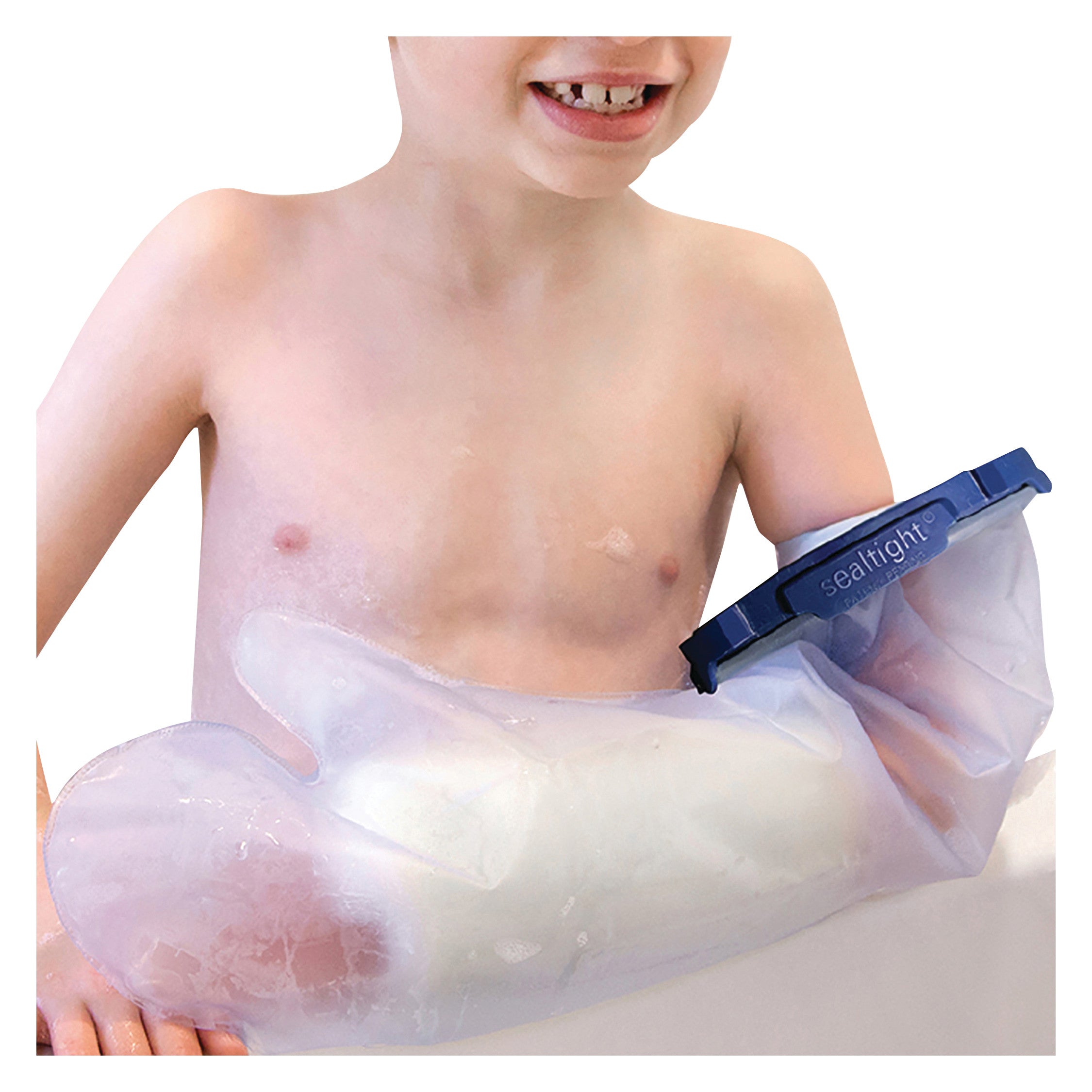A child wears a Brownmed SEAL-TIGHT Infinity Cast Protector on their arm while sitting in a bath, keeping the cast dry.