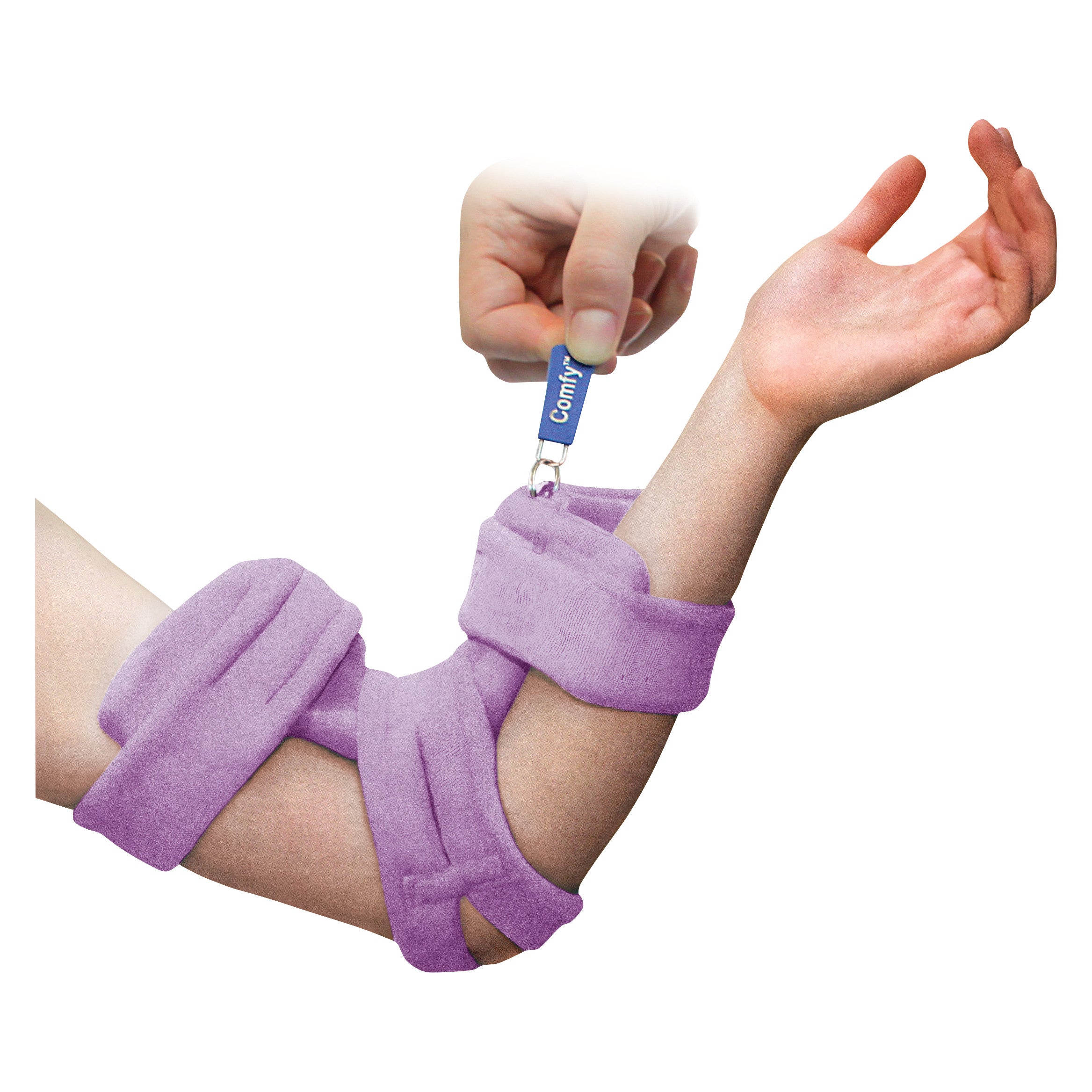 A child's arm is in a Comfy Splints Pediatric Locking Elbow Orthosis, with a hand adjusting it using a key attached to the splint.