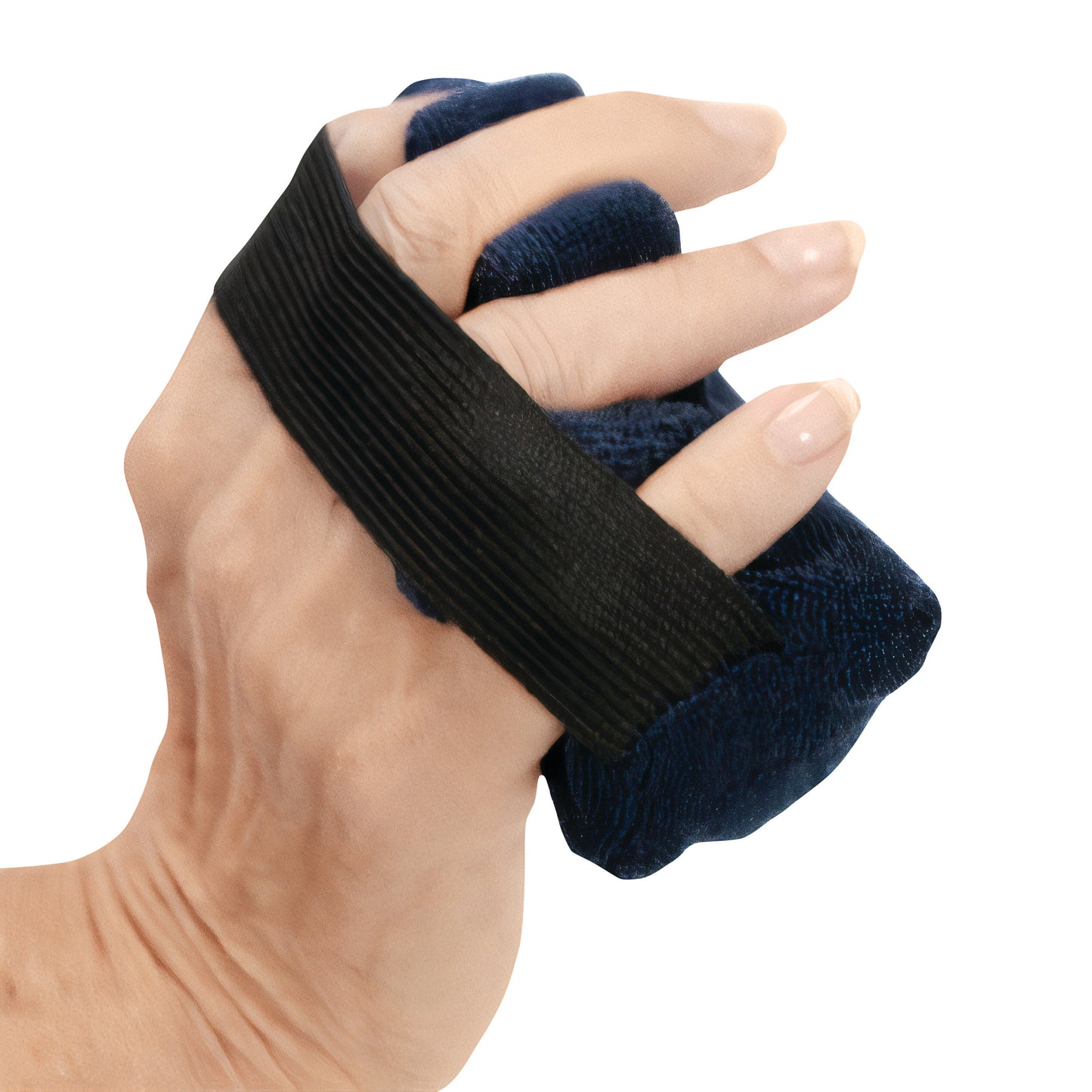 The Comfy Splints Adult Hand Finger Contracture Cushion is wrapped around a hand, with fingers partially gripping the navy cushion.