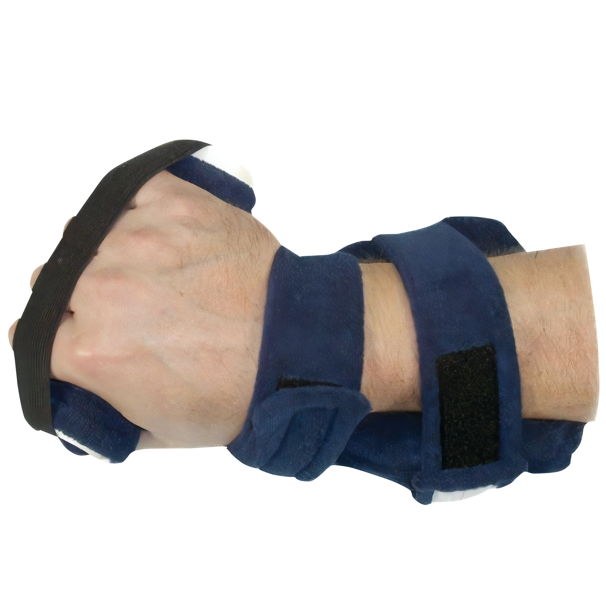 A hand wearing a Comfy Splints Adult Deviation Finger Extender Hand Orthosis with blue straps and a black band securing the fist.