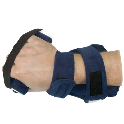 A hand wearing a Comfy Splints Adult Deviation Finger Extender Hand Orthosis, featuring blue padding and adjustable straps.