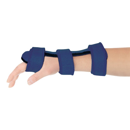 A hand wearing a Comfy Splints Adult Dorsal Hand Orthosis with blue straps supporting the wrist, hand, and thumb.