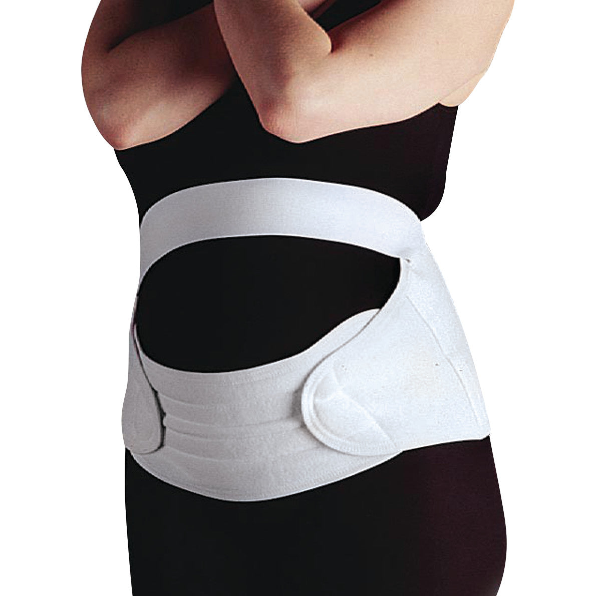 A person wearing an Embrace Ultimate Support Maternity Belt, which is white and wraps around the lower back and under the abdomen.