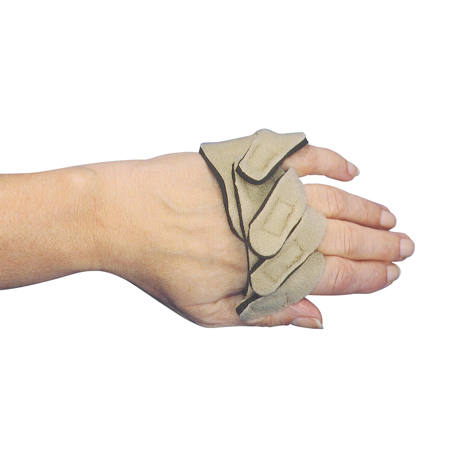 A hand wearing an AliMed Ulnar Deviation Strap, designed to support the fingers and reduce ulnar deviation with adjustable fasteners.