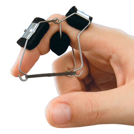 A hand holding a Bunnell Finger Knuckle-Bender, a metal splint device designed to aid finger joint movement, secured with black felt pads.