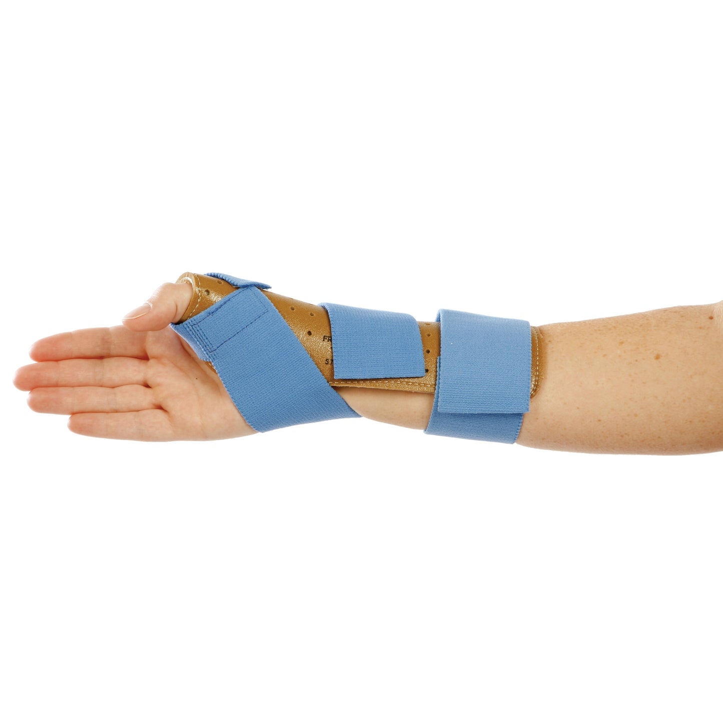 A person's arm is wearing an AliMed FREEDOM Thumb Spica splint in blue, secured with straps and providing support for the wrist and thumb.