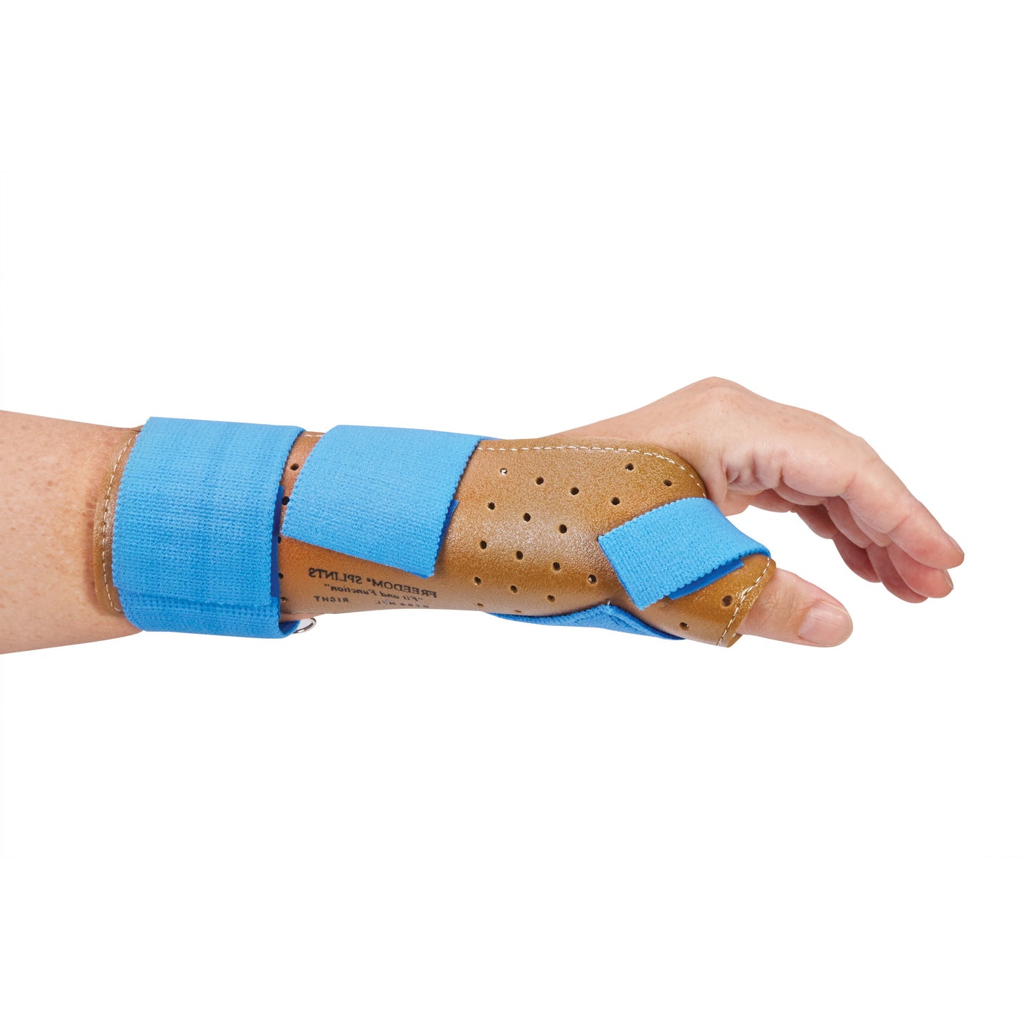 A hand wearing the AliMed FREEDOM Thumb Spica, a brown perforated brace with blue straps, supporting the wrist and thumb.