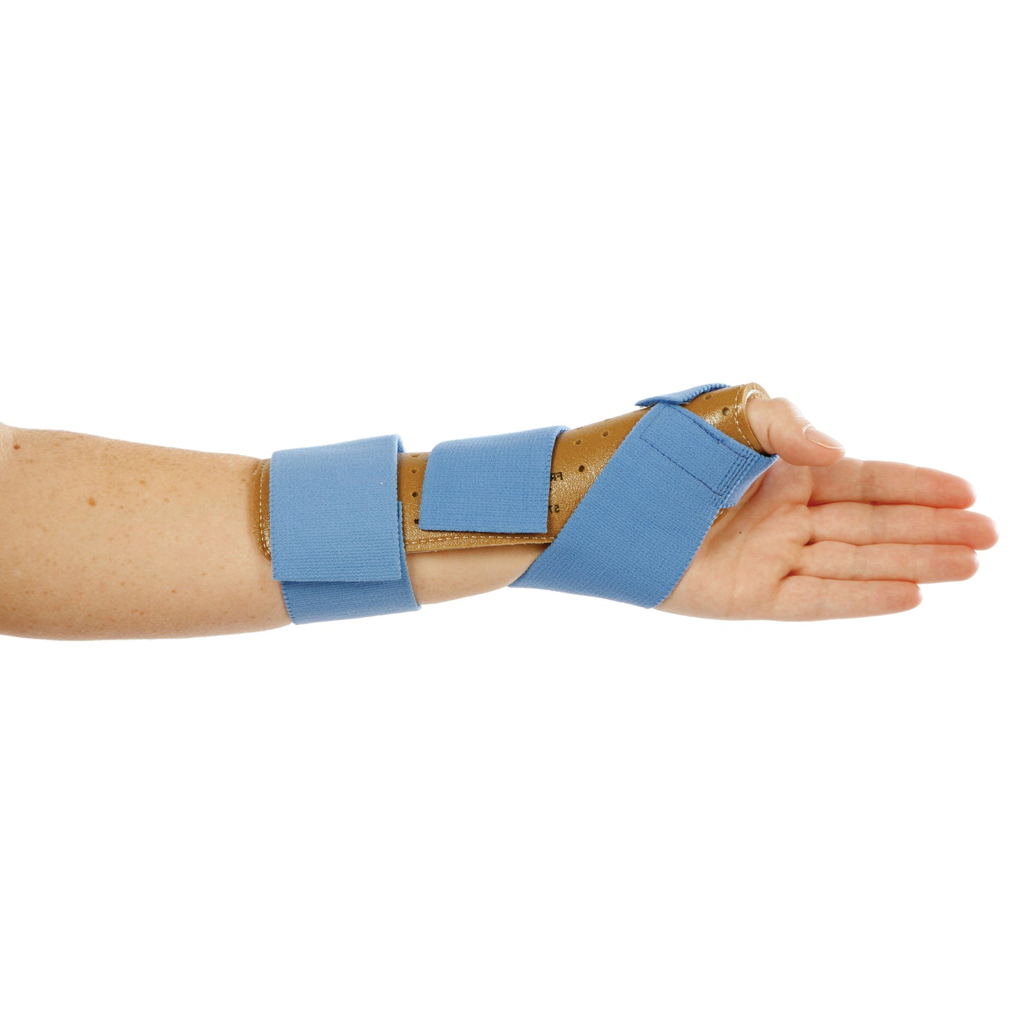 An arm wearing the AliMed FREEDOM Thumb Spica splint with blue straps for wrist and thumb support, seen from the side.