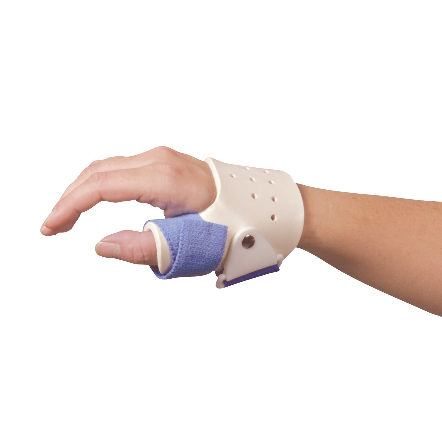 A hand is wearing an AliMed FREEDOM Standard ThumbKeeper Splint with a blue fabric wrap around the thumb and a perforated wrist brace.