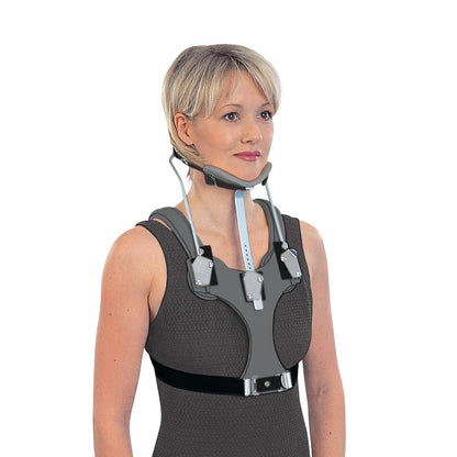 A woman wears a Trulife S.O.M.I. Brace (Sternal Occipital Mandibular Immobilizer) for neck and upper spine support.