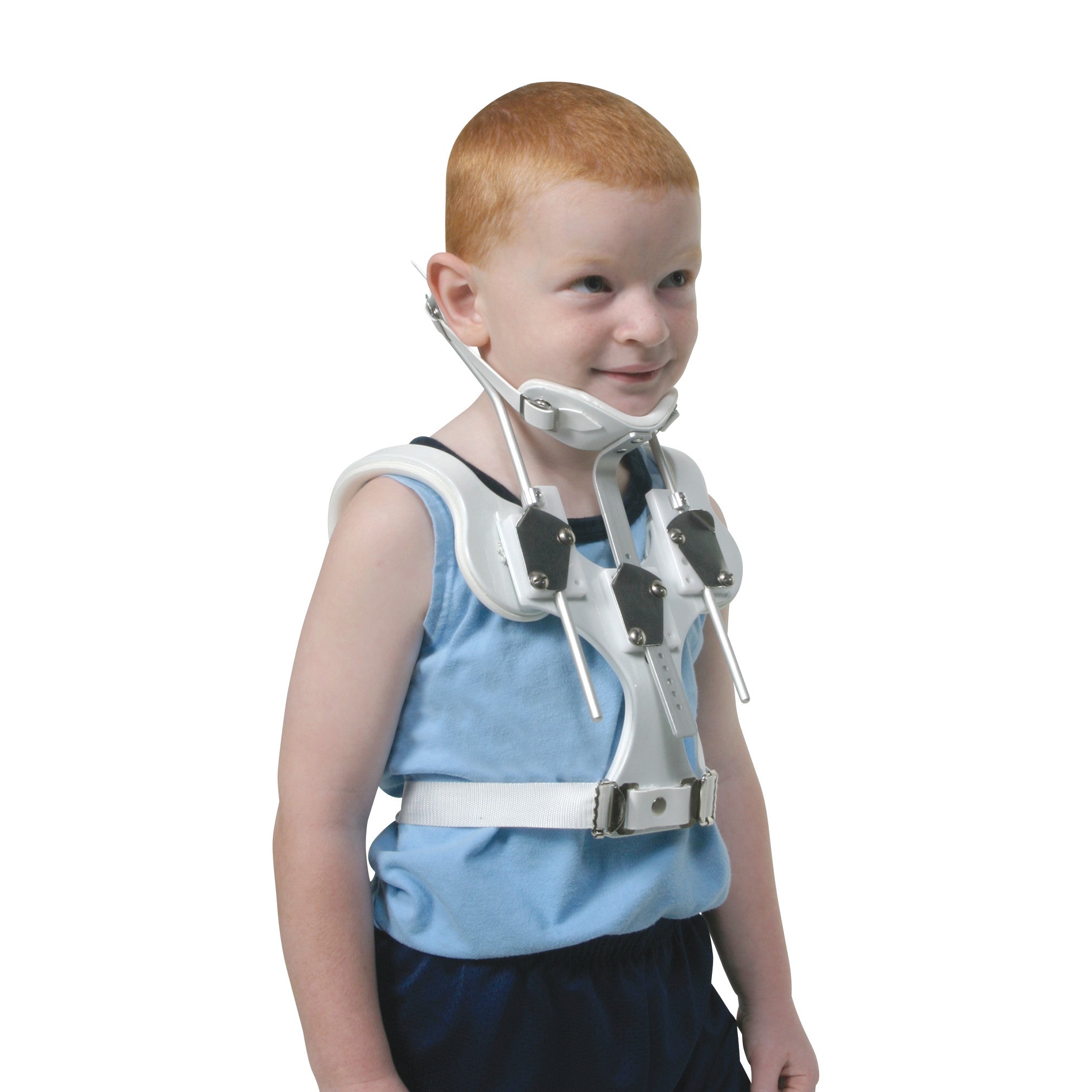 A child wears a Trulife S.O.M.I. Brace (Sternal Occipital Mandibular Immobilizer), a white orthopedic device, over a blue shirt.