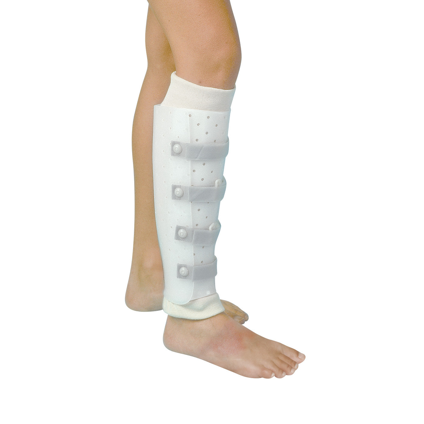 A leg with a Miami Prefabricated Tibial Fracture Brace, featuring perforated plastic and adjustable fasteners for support.