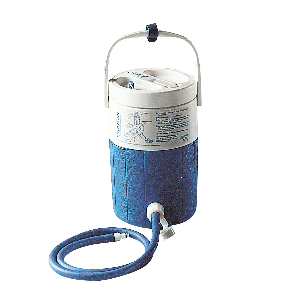 Cooler and Tube Assembly for Aircast Cryo/Cuff and IC Systems, featuring a blue cylindrical cooler with a handle and attached blue tubing.