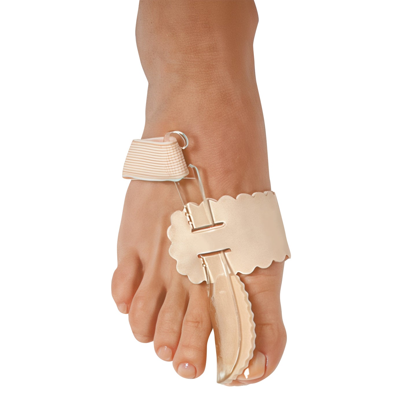 A foot wearing a PediFix Hallux Valgus NightSplint with adjustable straps to align the big toe for bunion relief.