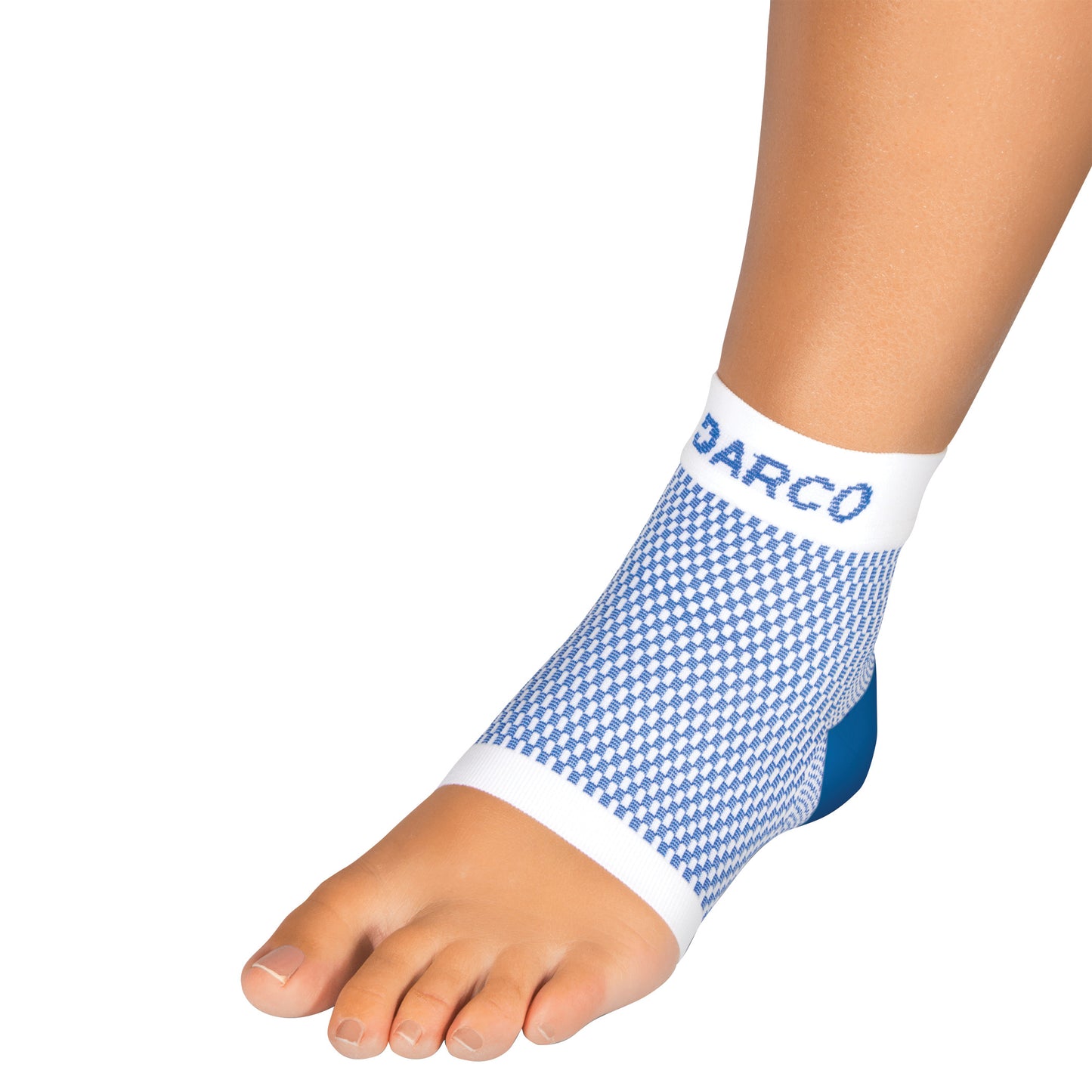 A foot wearing the DARCO DCS Plantar Fasciitis Sleeve, featuring a blue checkered pattern with open toes and a logo on the band.