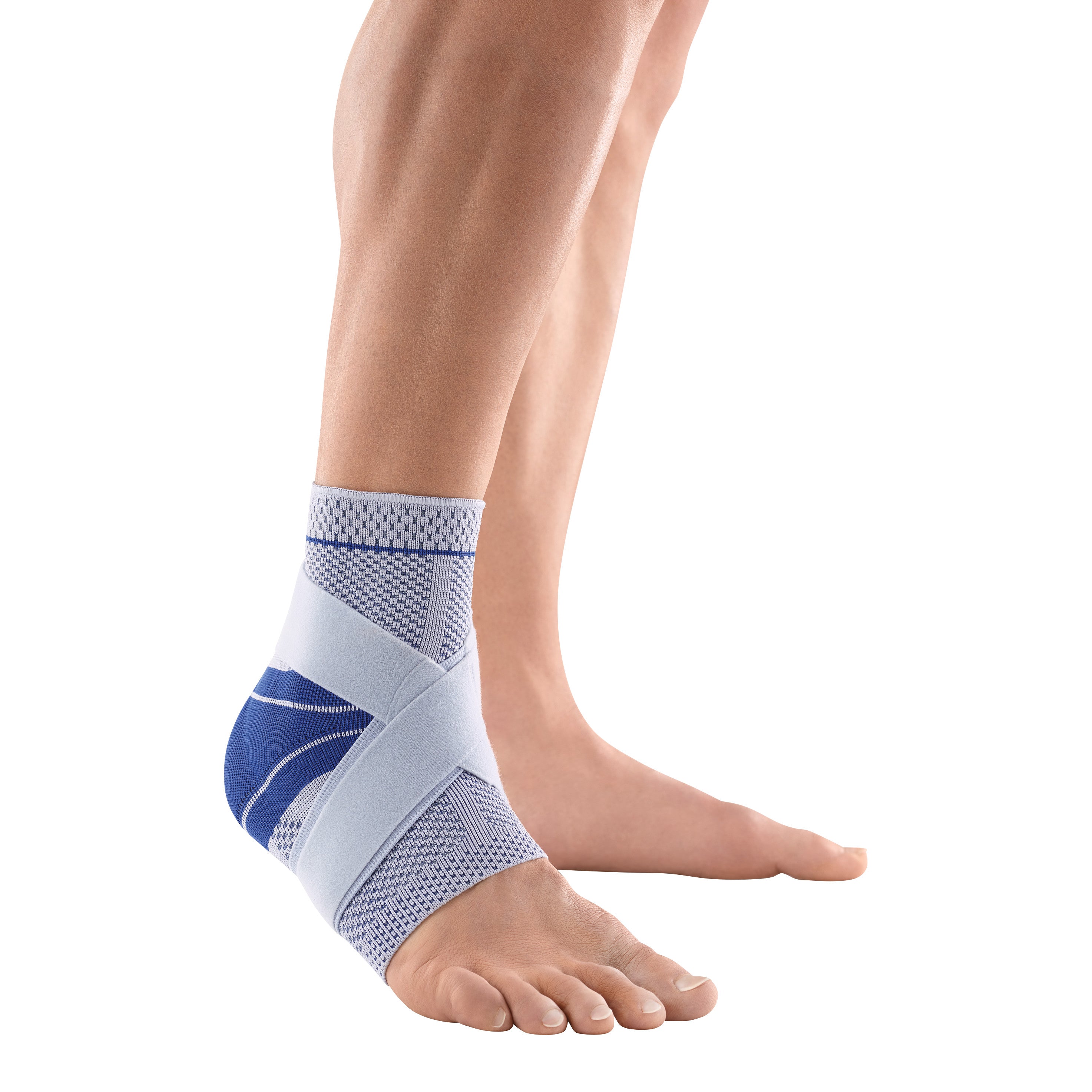 A foot wearing the Bauerfeind MalleoTrain Plus Ankle Support, featuring a blue and gray design with elastic straps for stability.