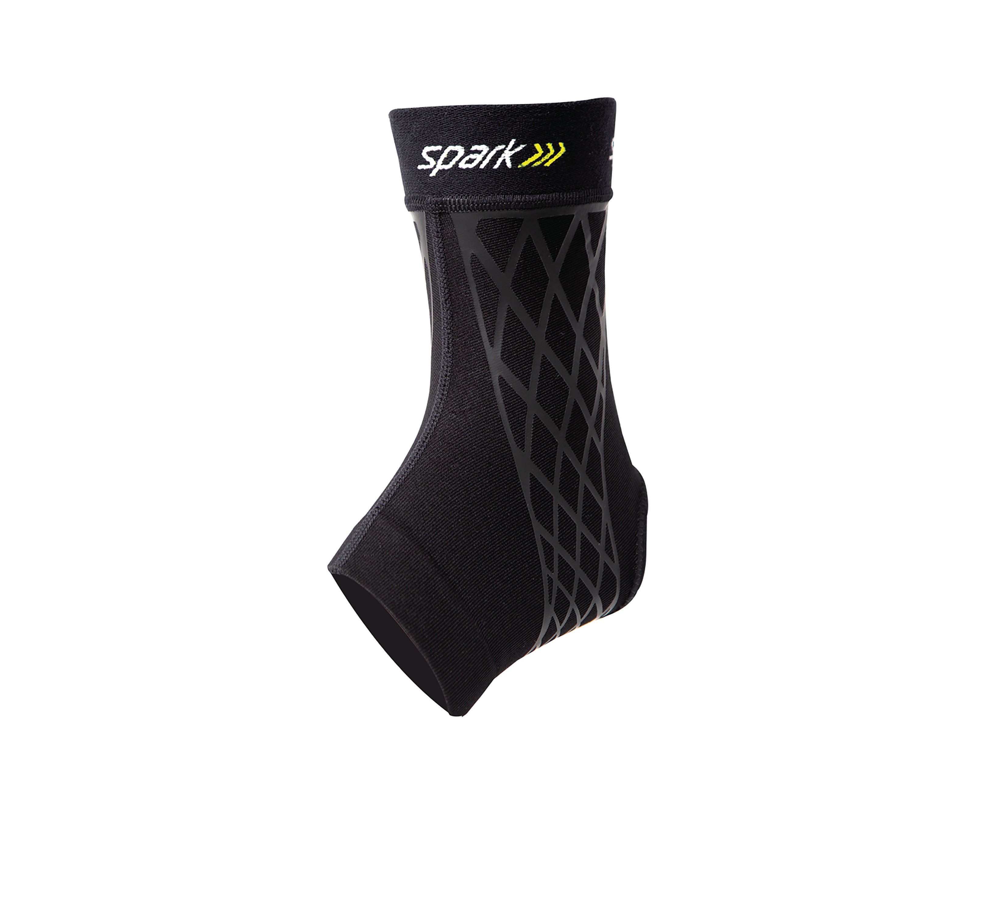 Brownmed Spark Kinetic Ankle Sleeve, black with crisscross pattern, provides support and compression for the ankle.