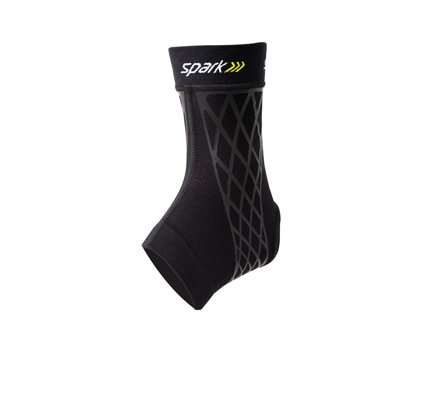 Brownmed Spark Kinetic Ankle Sleeve, black with crisscross pattern, provides support and compression for the ankle.