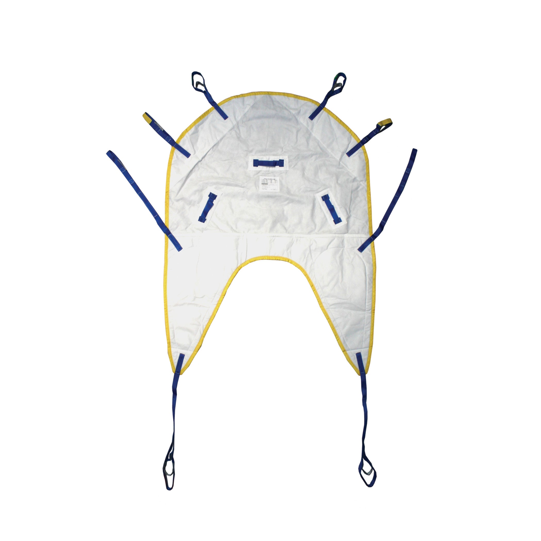 Bestcare BestSling Disposable Universal Patient Sling with yellow trim has multiple blue straps and loops for securing and lifting.
