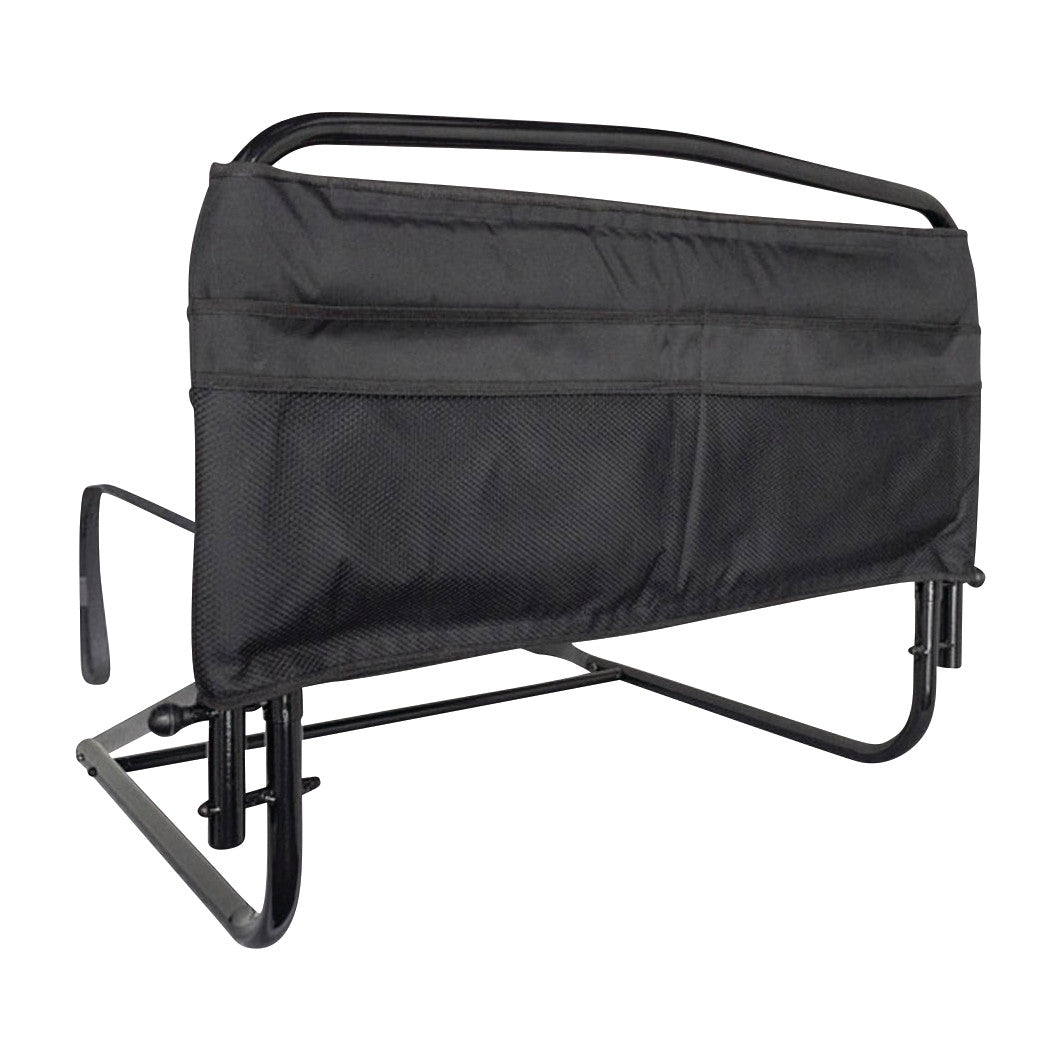 The Stander 30" Safety Bed Rail features a black fabric cover with storage pockets and a sturdy metal frame for bed safety.