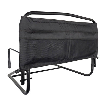 The Stander 30" Safety Bed Rail features a black fabric cover with storage pockets and a sturdy metal frame for bed safety.