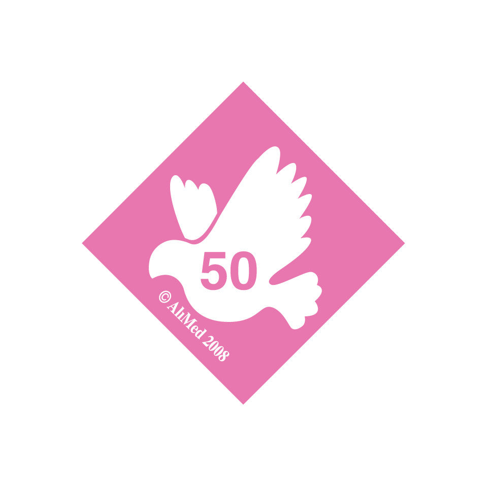 AliMed Standardized Equipment Weight Capacity Label with a white dove and "50" on a pink diamond, copyright symbol and year.