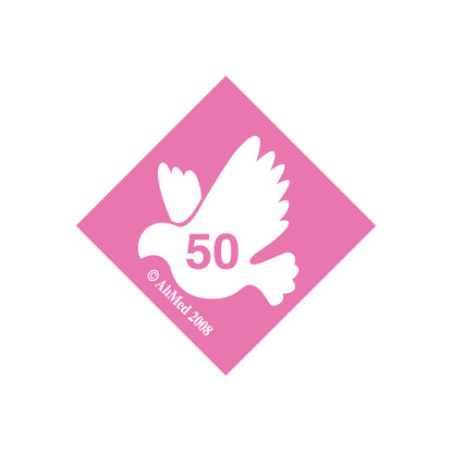 AliMed Standardized Equipment Weight Capacity Label with a white dove and "50" on a pink diamond, copyright symbol and year.