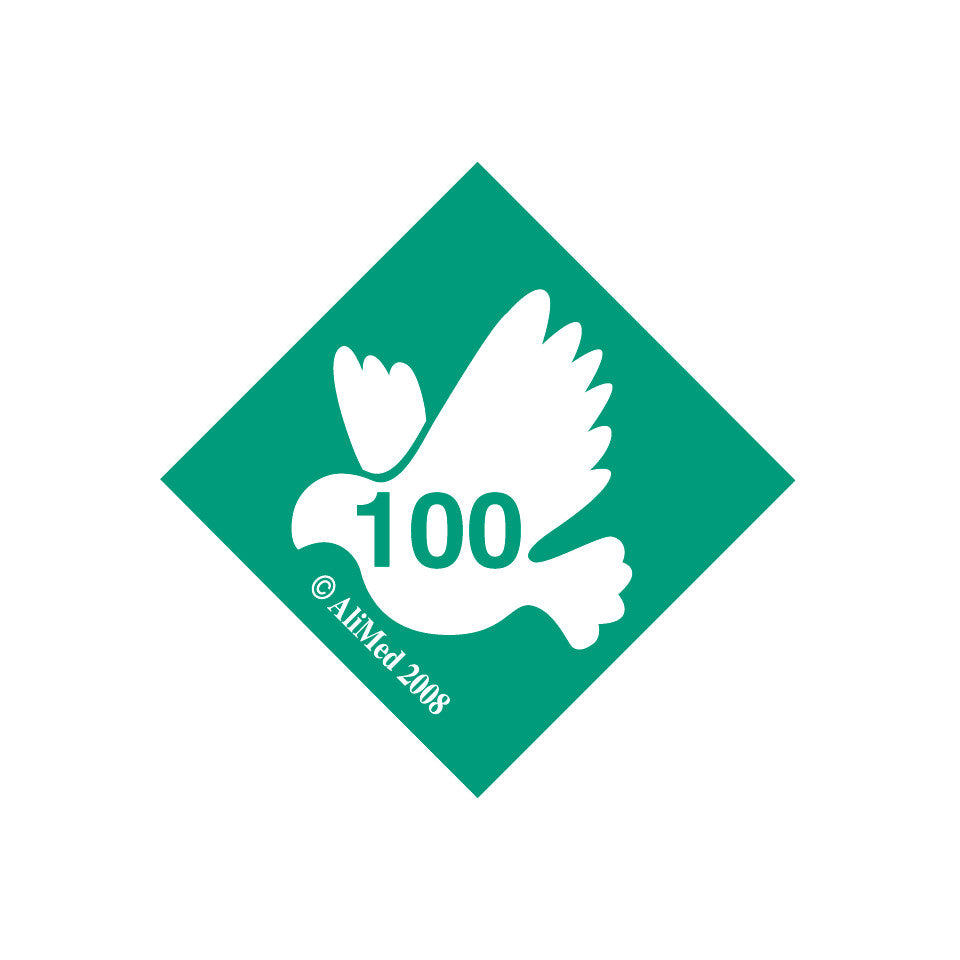 A green label with a white dove and "100" in the center, displaying the AliMed Standardized Equipment Weight Capacity Label. Copyright AliMed 2008.