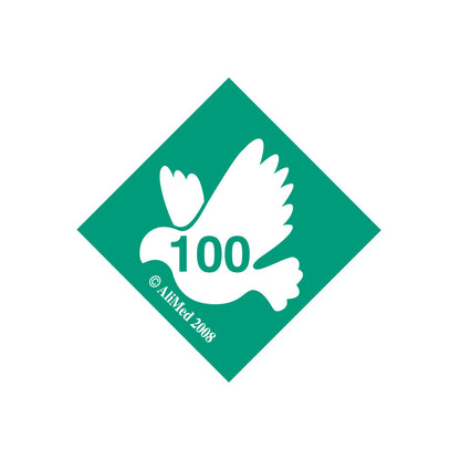 A green label with a white dove and "100" in the center, displaying the AliMed Standardized Equipment Weight Capacity Label. Copyright AliMed 2008.