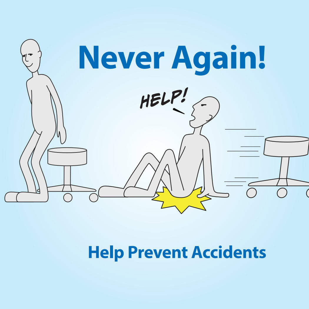 A cartoon figure falls while a stool rolls away, with another figure nearby; text reads "Never Again!" and "Help Prevent Accidents," promoting AliMed Safe-Brake Casters.