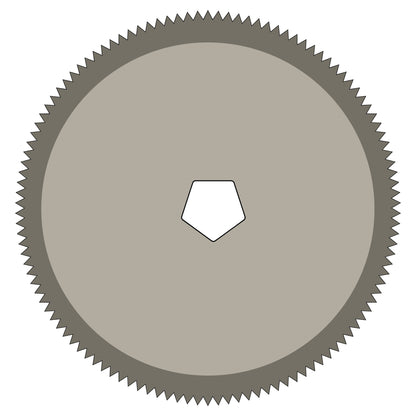 Circular saw blade with jagged edges and a pentagonal center cutout, labeled as Cast Saw Blade for DeSoutter CleanCast CC4, CC5, CC6, and CSB Cast Saws.