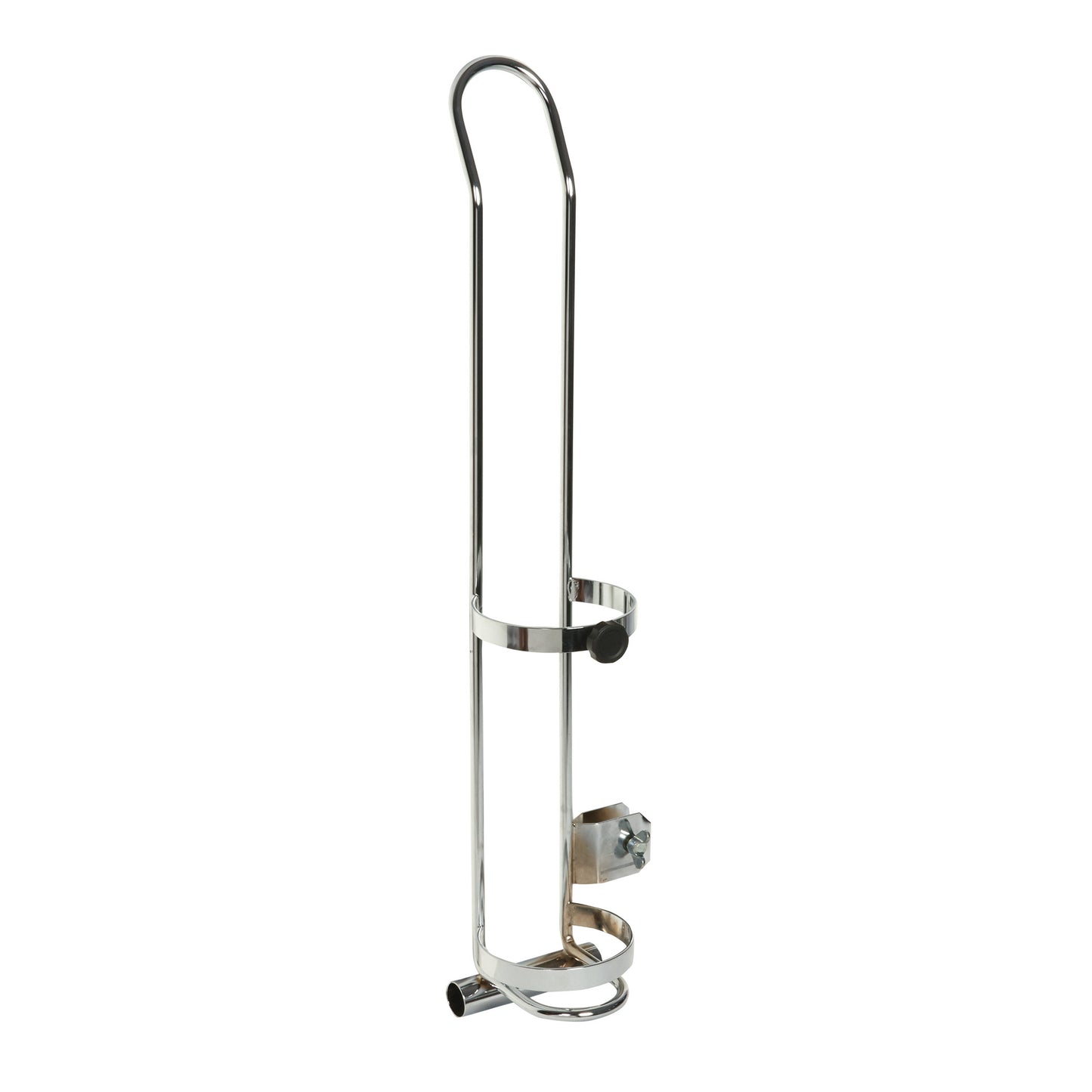 The Oxygen Tank Holder for Wheelchair is a metal frame designed to securely attach an oxygen tank to a wheelchair.