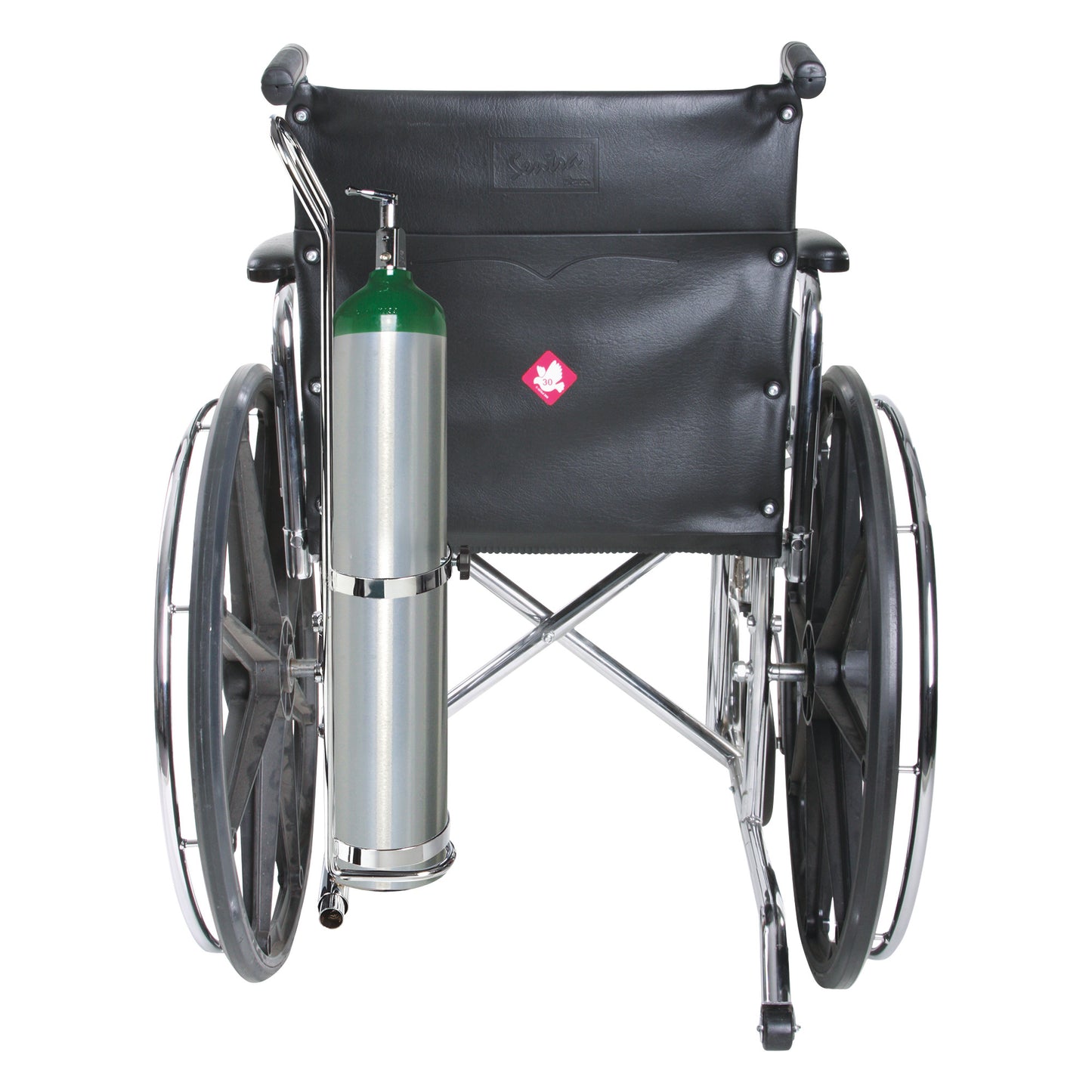 A wheelchair with the Oxygen Tank Holder for Wheelchair attached on the back, securing a silver oxygen tank with a green cap.