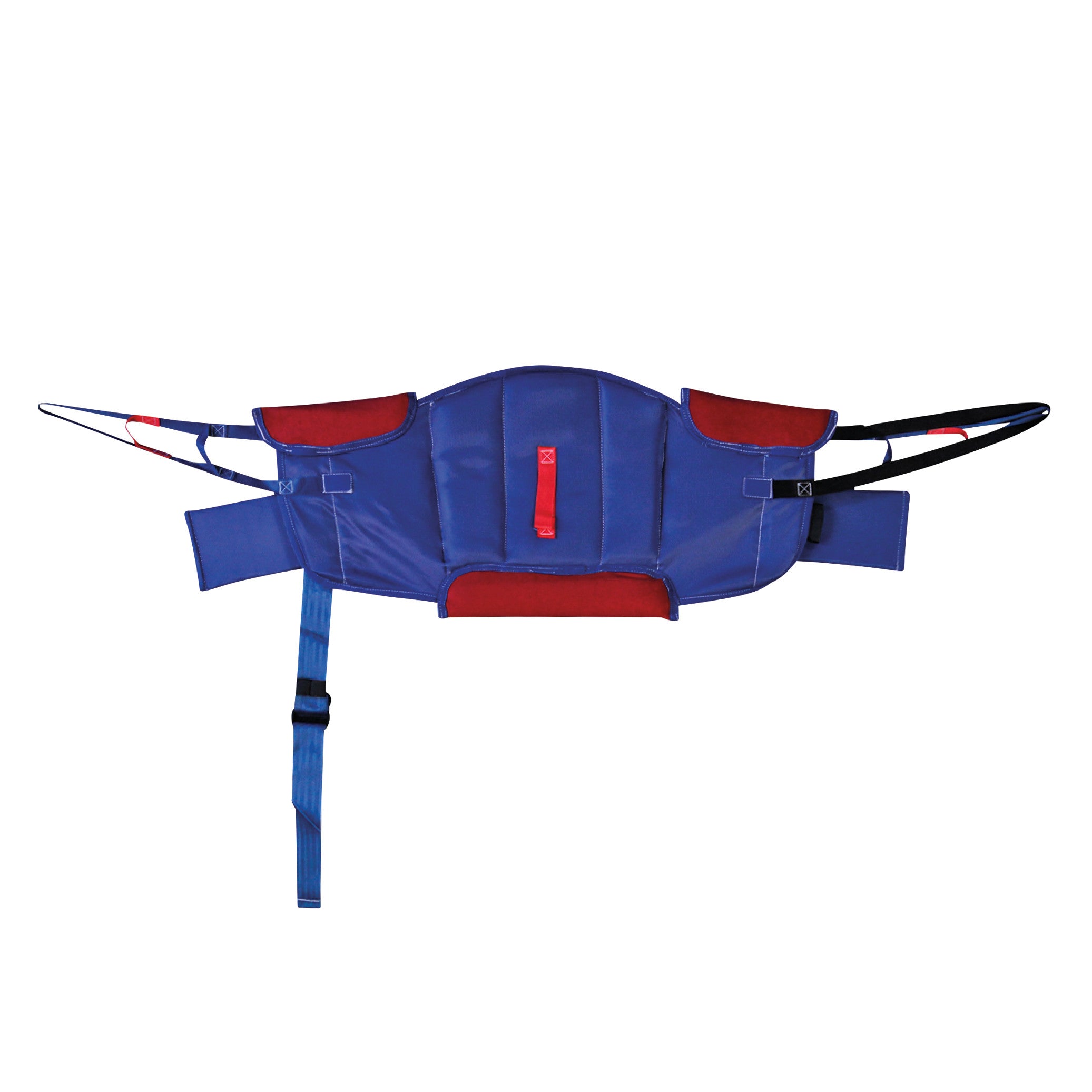 The Bestcare Stand Assist Patient Sling is a blue and red sling with adjustable straps designed for patient transfer support.