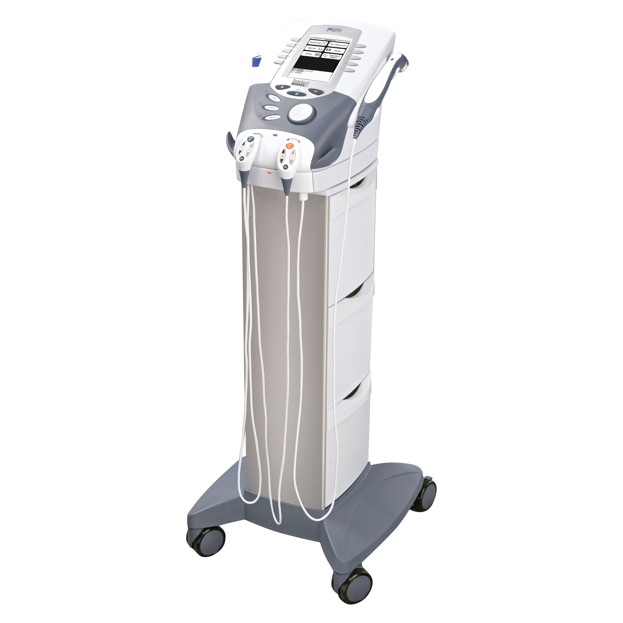 Chattanooga Intelect Legend XT Electrotherapy System on wheels, featuring multiple cables and a control panel, used for therapy.