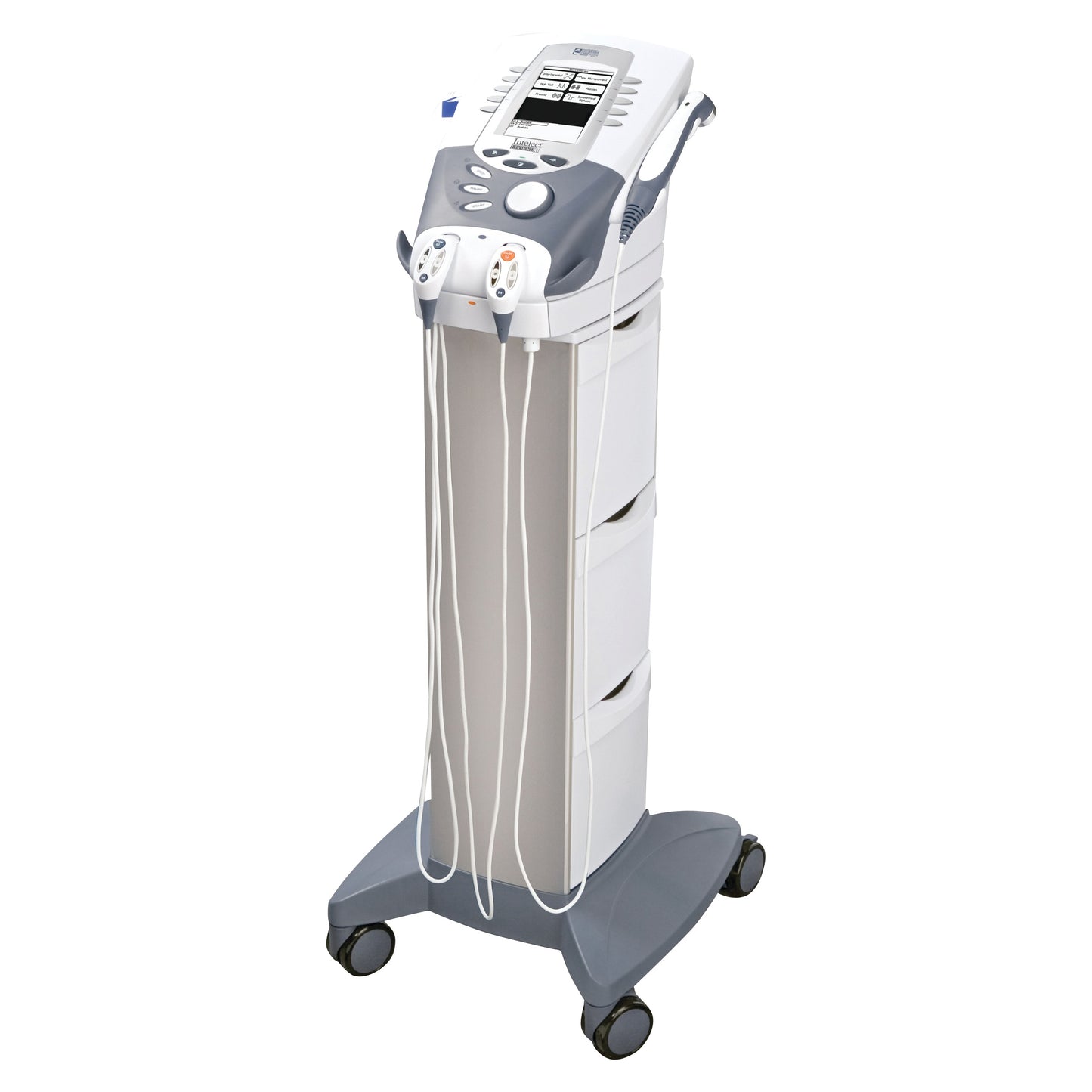 Chattanooga Intelect Legend XT Electrotherapy System on wheels, featuring multiple cables and a control panel, used for therapy.