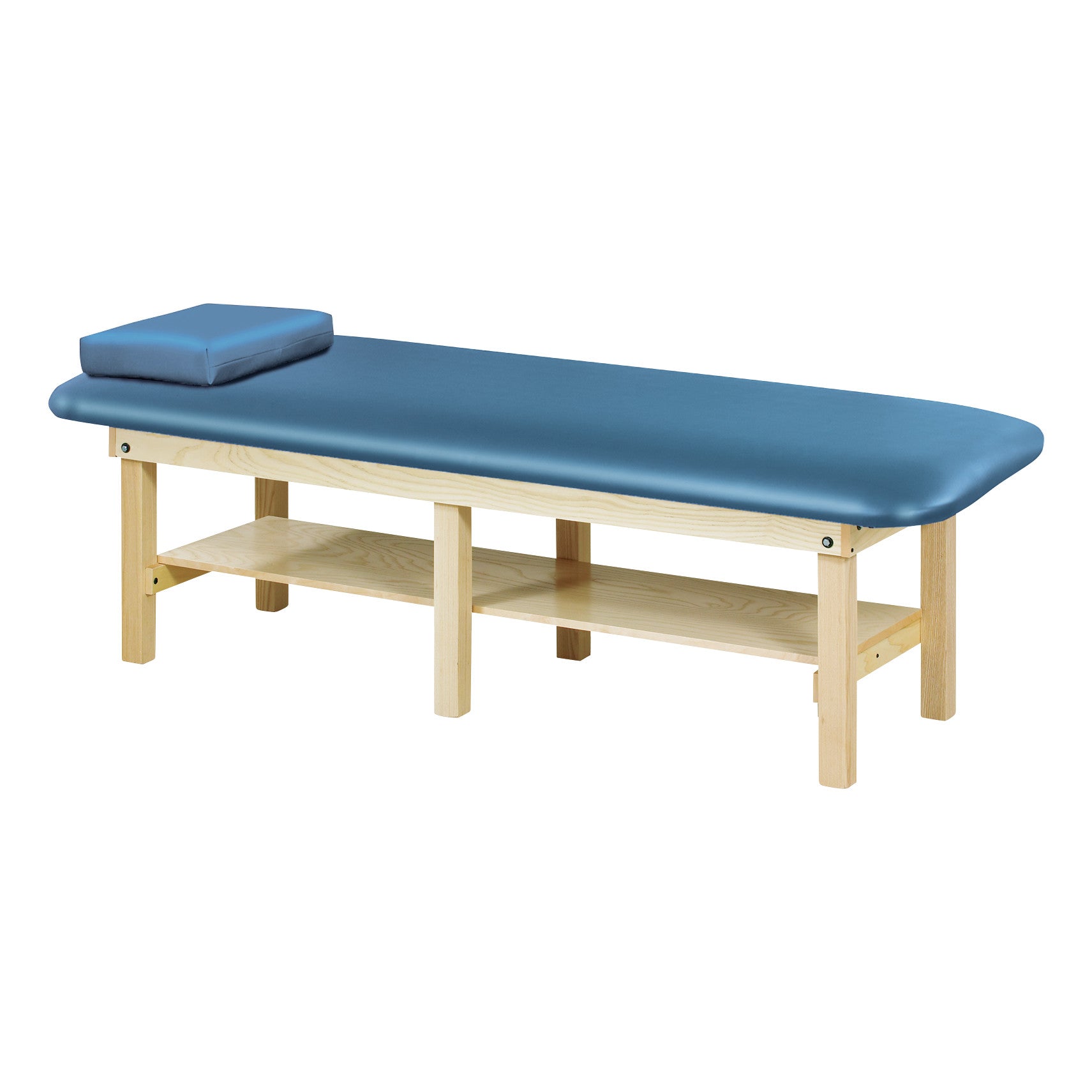 Clinton Bariatric Treatment Table with a blue cushioned surface, wooden frame, and an additional lower shelf for storage.