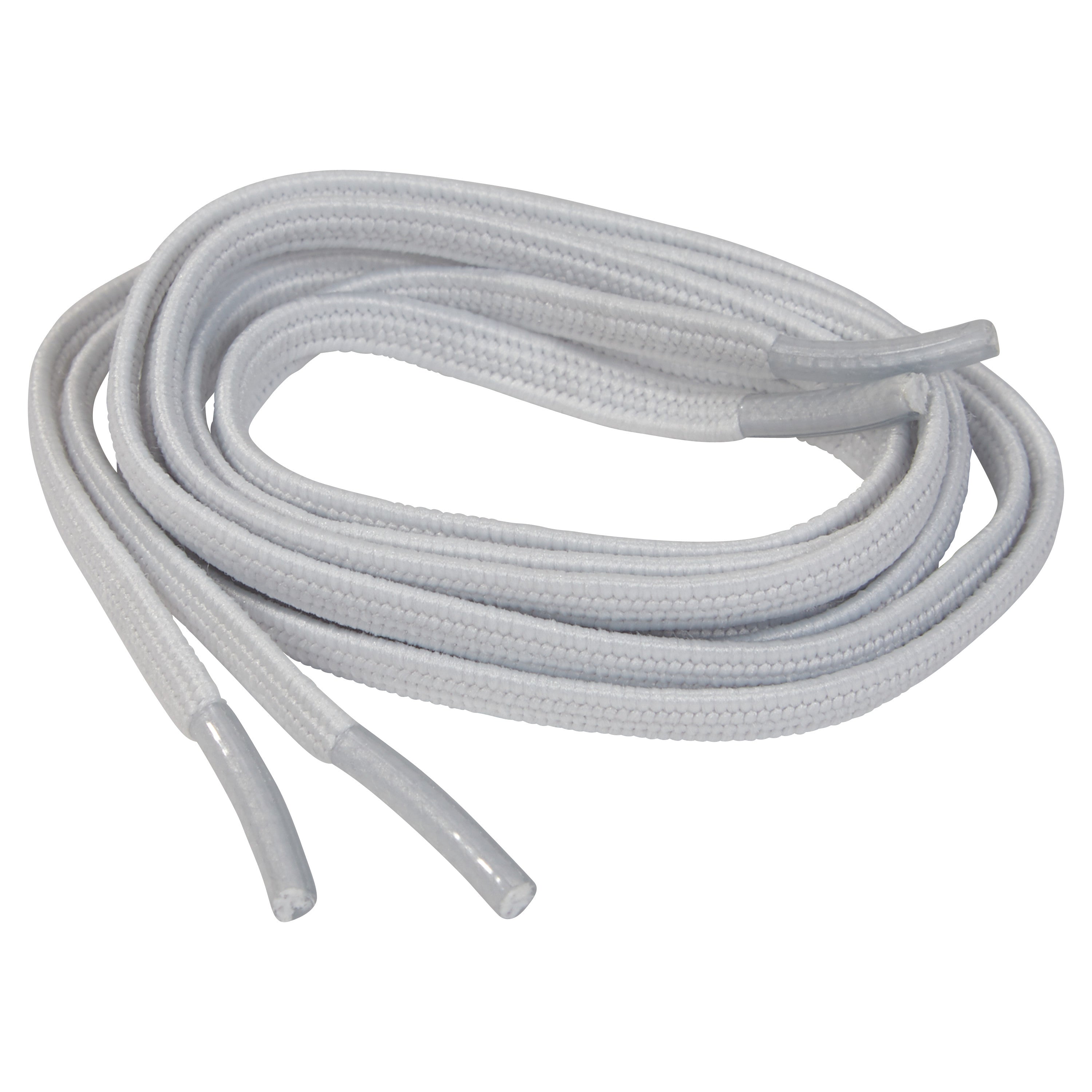 A coiled Flat Elastic Shoelace in white, with plastic aglets at each end, is shown on a plain background.