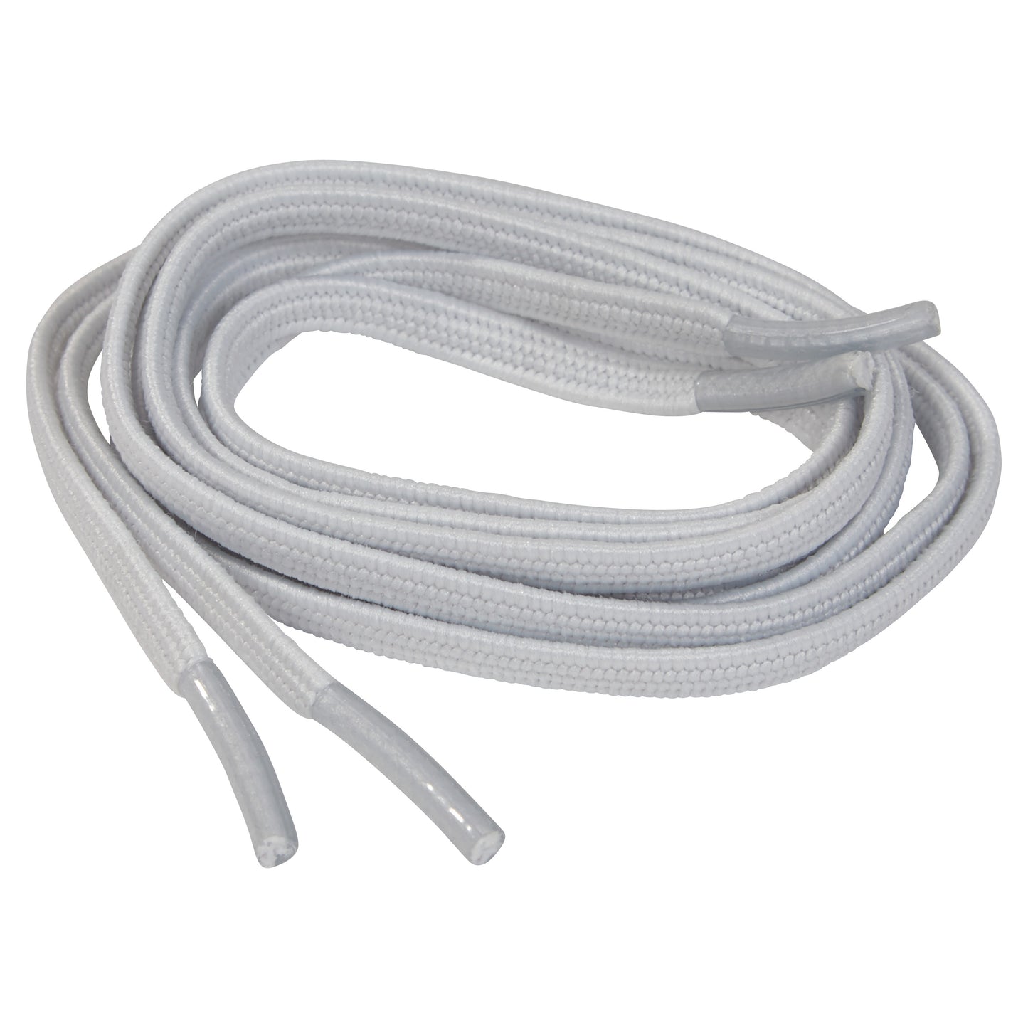 A coiled Flat Elastic Shoelace in white, with plastic aglets at each end, is shown on a plain background.
