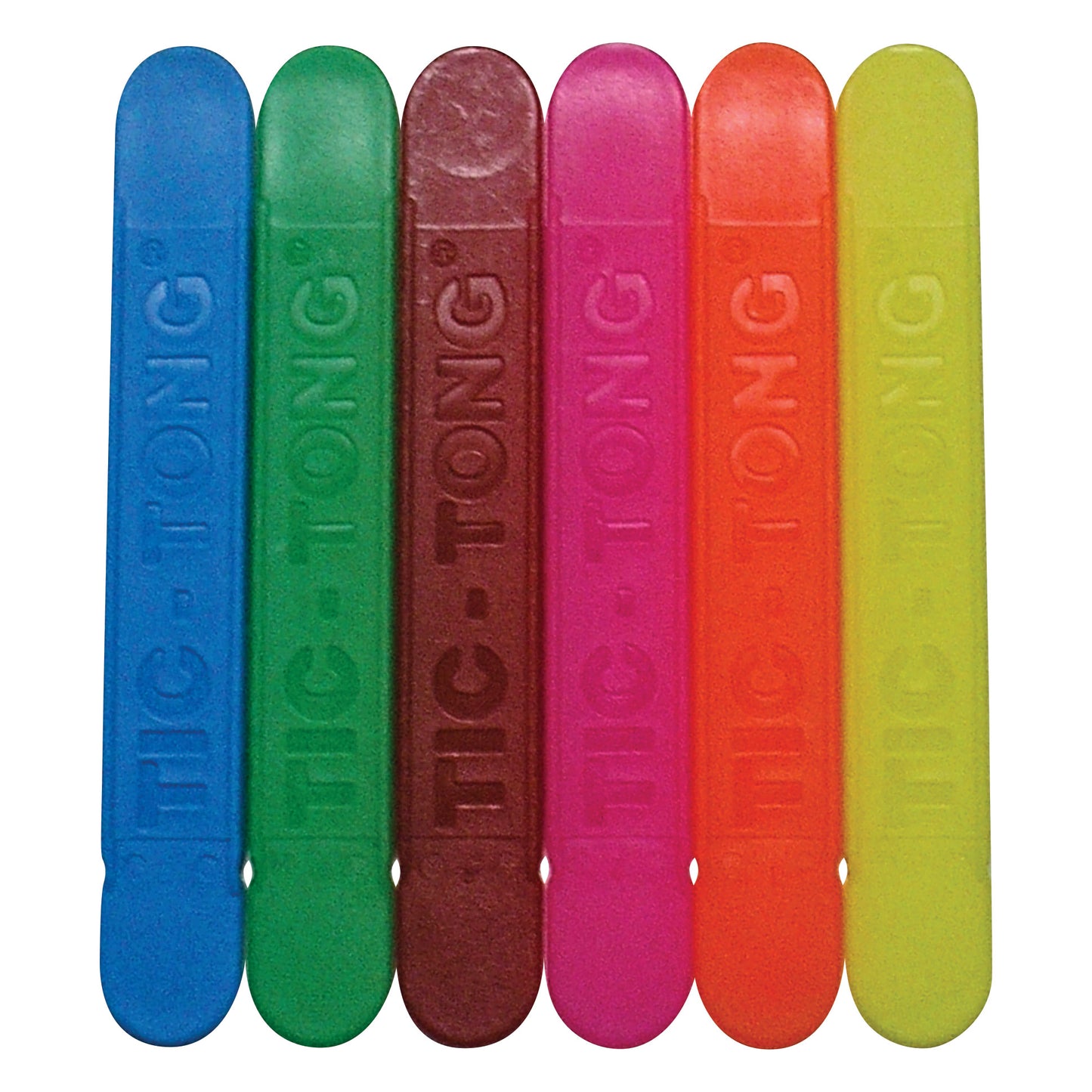 Six Tic-Tong Flavored Tongue Depressors in blue, green, brown, pink, orange, and yellow are lined up vertically.