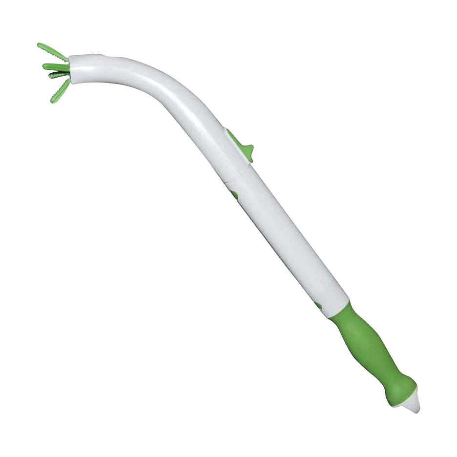 The FreedomWand is a white personal hygiene aid with a green handle and extending arm for grasping and holding toileting items.