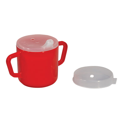 Red Two-Handled Adaptive Mug with Clear Lid, featuring two handles and a spout, with one lid attached and another beside it.