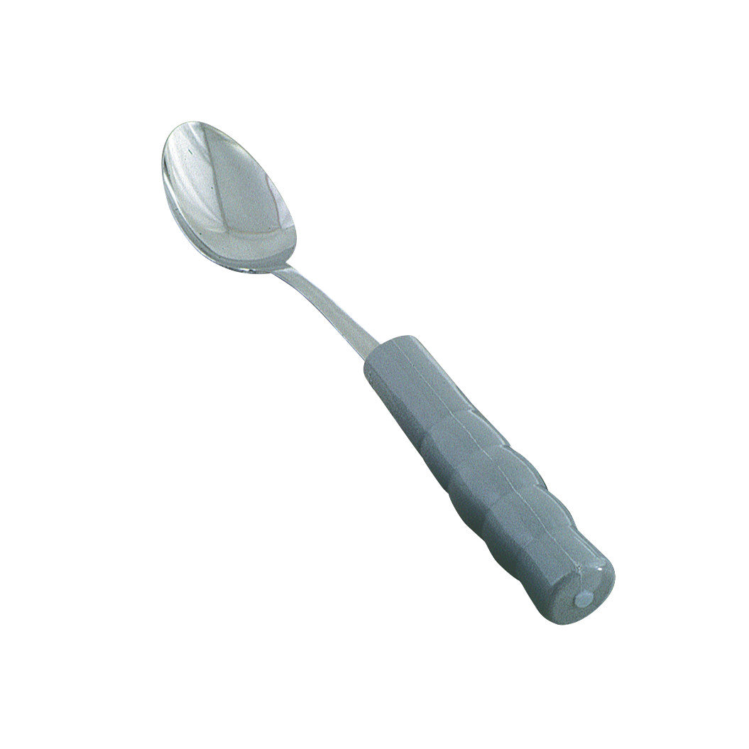 Therafin Weighted-Handle Flatware spoon with a shiny metal bowl and a thick, gray handle designed for stability and easy grip.