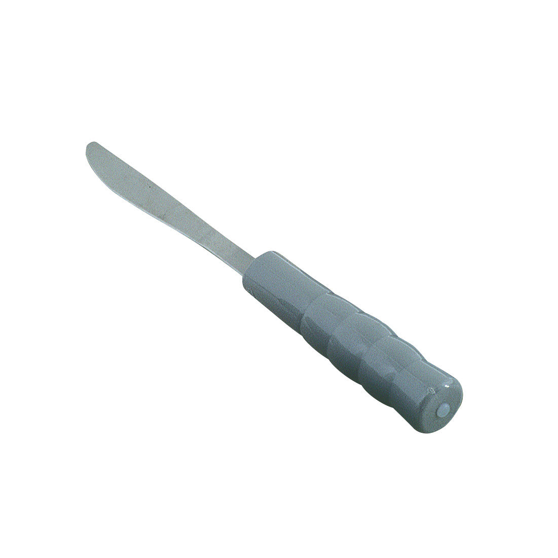 Therafin Weighted-Handle Flatware knife with a gray handle and a blunt, rounded blade designed for easier grip and control.