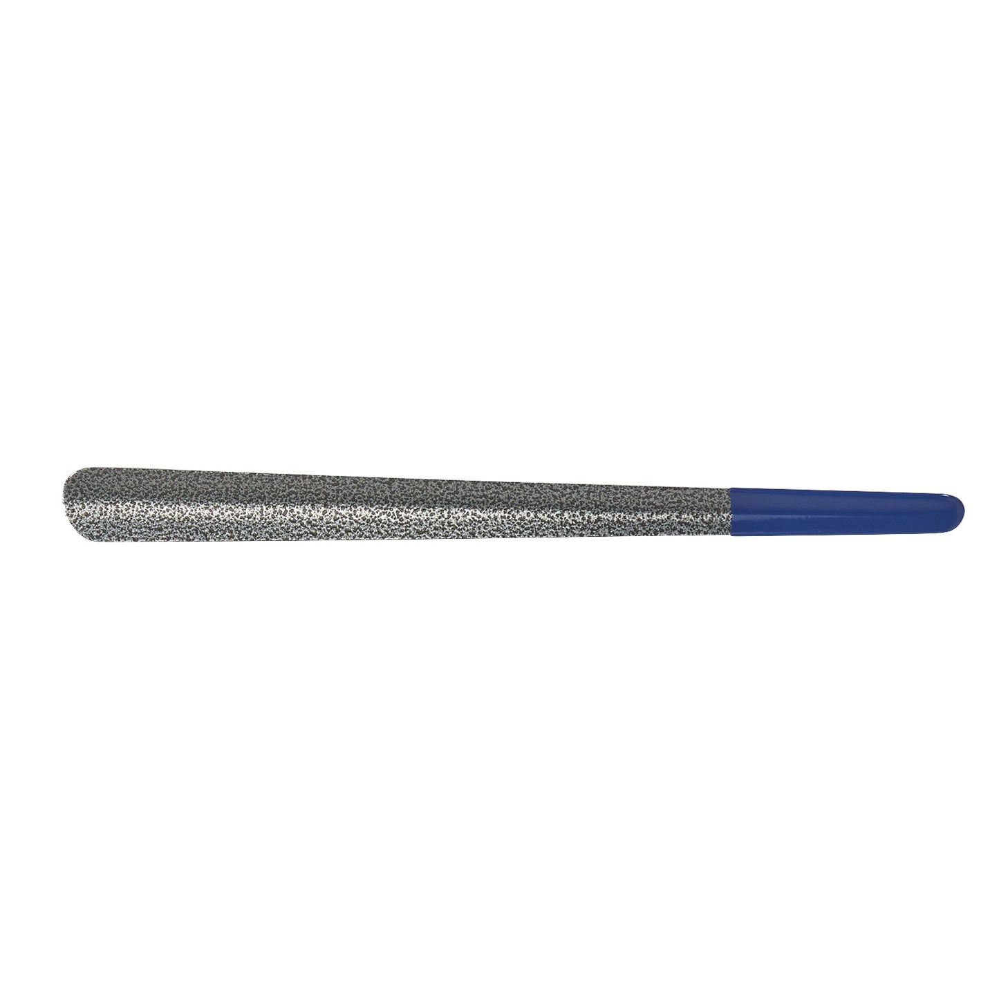 The Easy-Slide Shoehorn is a long silver shoehorn with a speckled texture and a blue handle, designed for easing shoes on.